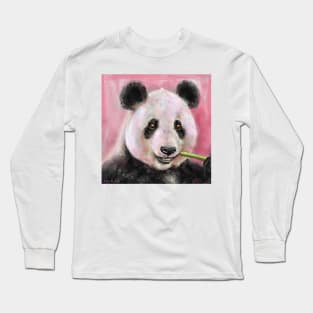 Painting of a Cute Panda Bear Chewing a Bamboo on Pink Background Long Sleeve T-Shirt